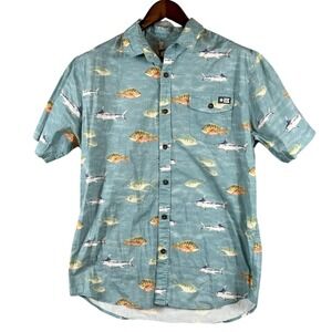 Salty Crew Mens L Fish Print Button Shirt Blue Coastal Surf Beach Ocean Fishing